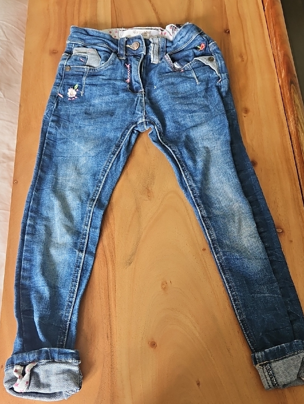 👖 3 For $16 - Girls Denim Jeans with Floral Trim 5T